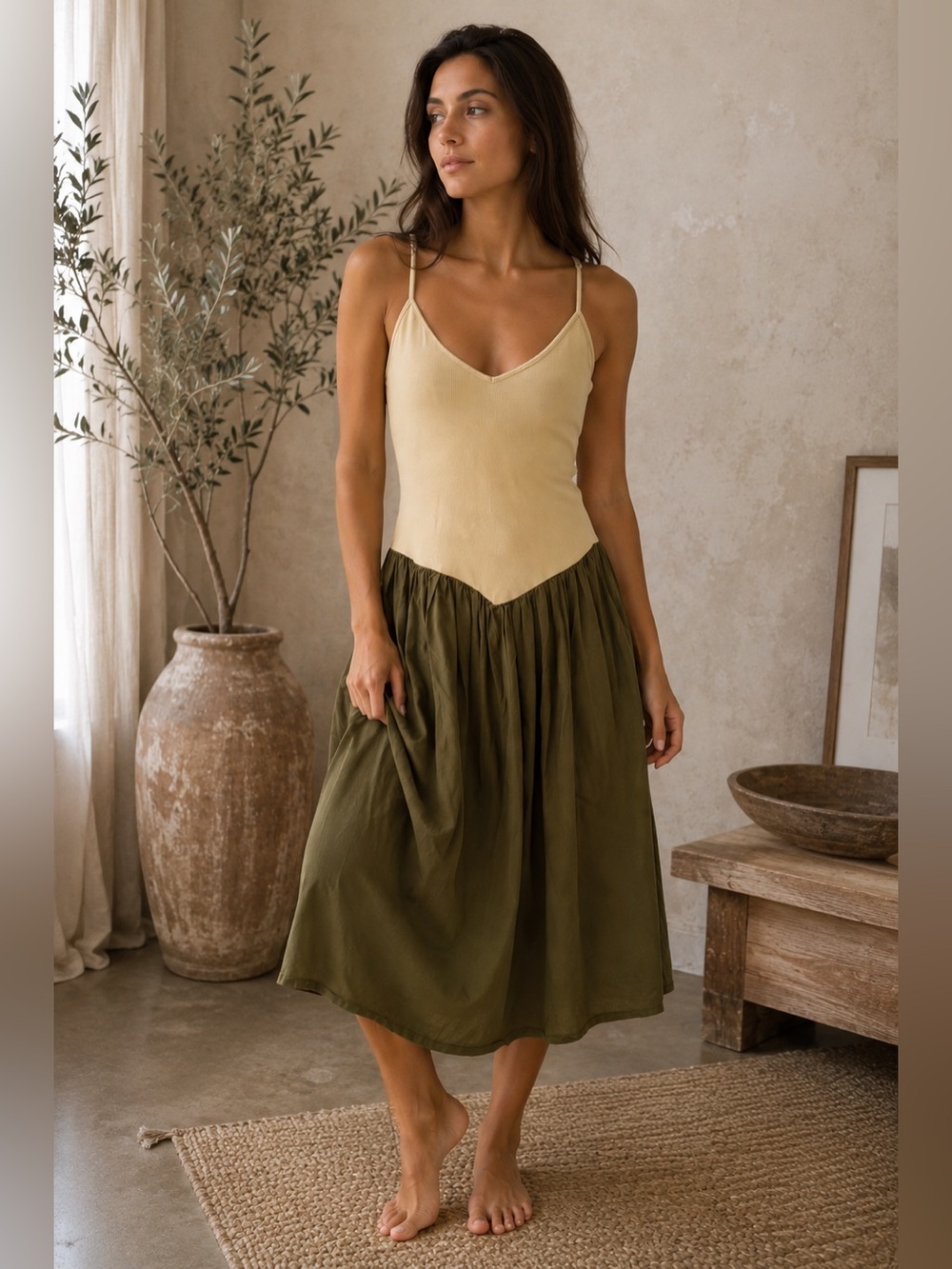 Maeve Anthropologie Ribbed Drop Waist Midi Dress Olive Green Cream Large